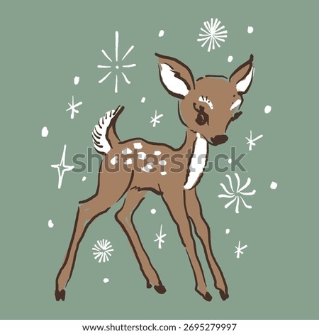 Winter Christmas New Year cute boho fairy tale baby rein deer without antlers animal icon print with snowflakes and evergreen brunches ornament elements, vector art flat dry brush cartoon hand-drawn