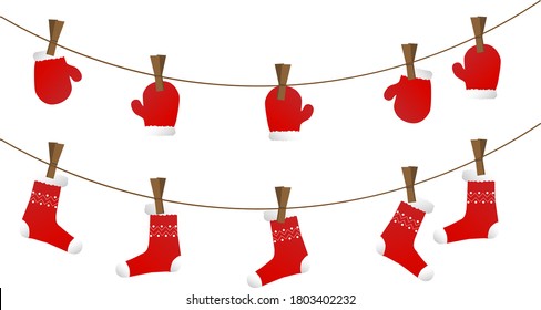 Winter Christmas and New Year element, vector  with red mittens and socks on clothesline with clothespins, illustration