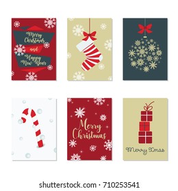 Winter, Christmas, New Year greeting cards set with candy cane, sock, snowflake bauble ornament, gift boxes. Perfect for sale, event banner, flyer, poster, holiday, birthday or party invitation. 