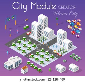 Winter Christmas, New Year is an isometric city with streets, roads, houses and transport.