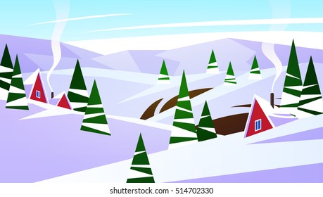 Winter Christmas New Year landscape vector illustration in cartoon style