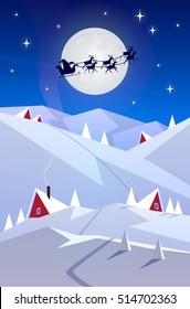 Winter Christmas New Year landscape vector illustration in cartoon style with Santa Claus