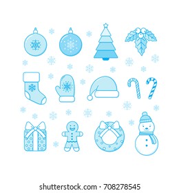 Winter Christmas and New Year objects collection. Simple one color style for holiday design.