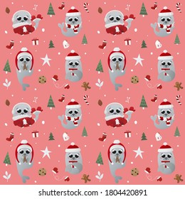 Winter christmas or new year pattern with walruses in holiday attributes, childish illustration for wrapping paper, textile or print