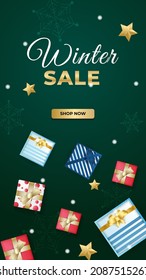 Winter Christmas new year sale banner or poster with discount text. Banner background template for social networks stories. Special offers season sales. Vector illustration