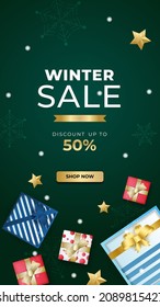 Winter Christmas new year sale banner or poster with discount text. Banner background template for social networks stories. Special offers season sales. Vector illustration
