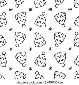 Winter, Christmas, new year. Seamless pattern of caps drawn with a black liner on a white background. Contour vector image of winter hats. Print for textiles, packaging, wrapping paper.