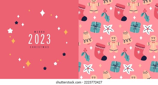 Winter Christmas New Year seamless pattern background for cards, postcards with lights gift bell 