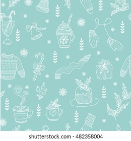 Winter. Christmas and New Year. Seamless pattern with cute hand drawn elements. All elements are  hidden under mask. Pattern are not cropped and can be edited