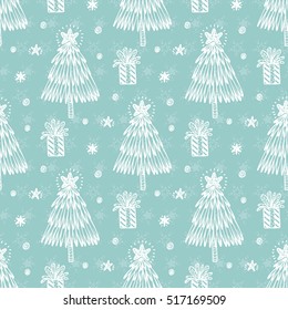 Winter. Christmas and New Year Seamless Pattern. Hand drawn Doodle Christmas Tree, Gift, Snow, Snowflakes, Snowballs, Stars. Holiday Xmas wallpaper.