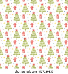 Winter. Christmas and New Year Seamless Pattern. Hand drawn Doodle Christmas Tree, Gift, Snow, Snowflakes, Snowballs, Stars. Holiday Xmas wallpaper.