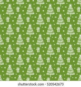 Winter. Christmas and New Year Seamless Pattern. Hand drawn Doodle Christmas Tree, Gift, Snow, Snowflakes, Snowballs, Stars. Holiday Xmas wallpaper