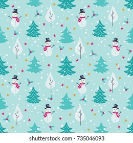 Winter, Christmas, New Year seamless pattern with snowman, Christmas tree, holly berries. stars. Perfect for sale, event banner, flyer, poster, holiday, party invitation, greeting card, gift paper
