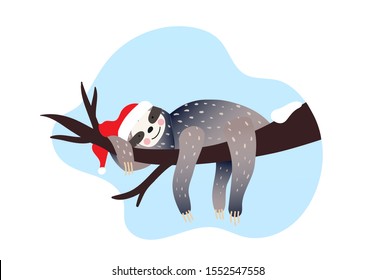 Winter, Christmas or New Year time. Cute lazy sloth sleeping on a branch of the tree under the snow. Cartoon style, vector illustration. Winter time quote lettering.