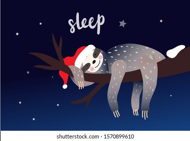 Winter, Christmas or New Year time. Cute lazy sloth sleeping on a branch of the tree under the snow. Cartoon style, vector illustration. Winter time quote lettering.