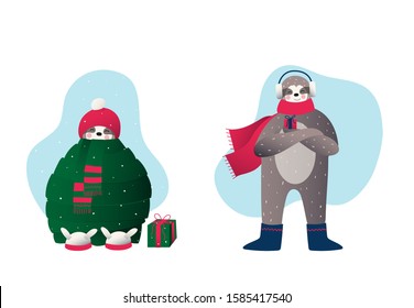 Winter, Christmas or New Year time. Cute lazy sloth in winter cloth holds Christmas gift. Sloth in winter scarf as a Christmas tree. Cartoon style, vector illustration. 