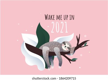 Winter, Christmas or New Year time. Cute lazy sloth sleeping on a branch of the tree under the snow. Cartoon style, vector illustration. Winter time quote lettering.