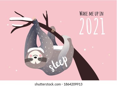 Winter, Christmas or New Year time. Cute lazy sloth sleeping on a branch of the tree under the snow. Cartoon style, vector illustration. Winter time quote lettering.