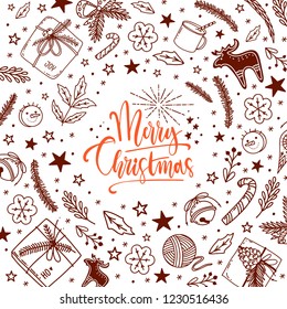 Winter Christmas and New Year vector doodle style with lettering. Christmas decorations for card and banner