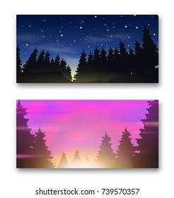 Winter christmas night banners set. Sunset and dawn. Pink clouds with stars and sunlight, dark forest. Christmas New Year Style. Greeting card. Wector illustration. EPS 10.