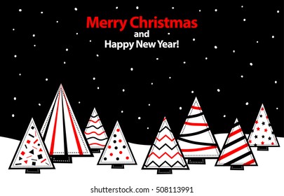 Winter Christmas Night Evening Background, Stylized landscape with geometric christmas trees and snow