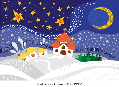 Winter Christmas night landscape with snow. Vector illustration of a snowy Christmas eve village. For invitations, greeting cards, scrapbooking, calendars, New Years and Christmas designs. 