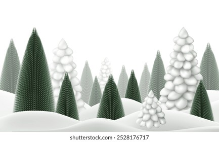 Natal de inverno noel neve 3d fundo. Floresta branco azul paisagem com flocos de neve estrelados. Luxo alegre xmas cena do desenho animado de férias. Terra de Hilly com pinheiros e abetos, espaço de cópia feliz ano novo