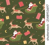 Winter Christmas north pole seamless pattern of Santa sleigh vector illustrations