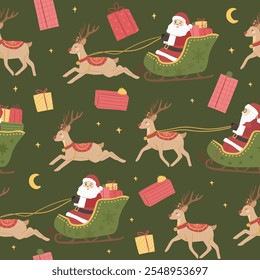 Winter Christmas north pole seamless pattern of Santa sleigh vector illustrations