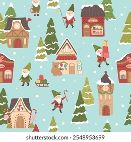 Winter Christmas north pole seamless pattern of elves on village shops vector illustrations