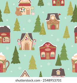 Winter Christmas north pole seamless pattern of village shop and house vector illustrations