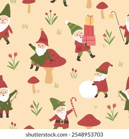 Winter Christmas north pole seamless pattern of elves vector illustrations