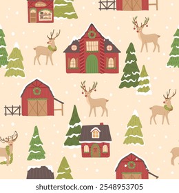 Winter Christmas north pole seamless pattern of reindeer and village homes barn stable vector illustrations