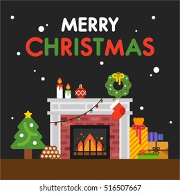 winter christmas object fireplace vector illustration flat design