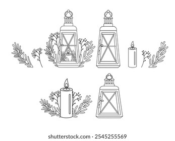 Winter Christmas outline lanterns,  decor in flat vector design. Merry holiday elements set.