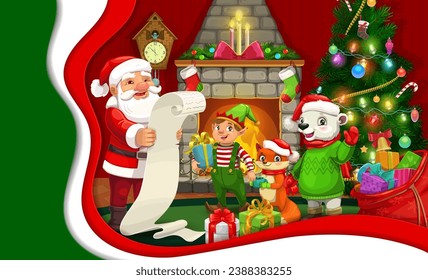 Winter christmas paper cut banner with animal characters, fireplace interior and santa with wish list. Vector 3d layered frame, xmas celebration with funny Father Noel and elf, squirrel and polar bear