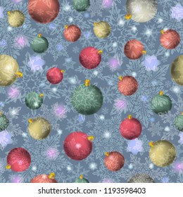 Winter Christmas pattern of Christmas balls and snowflakes on a blue background. As a packaging material or background.