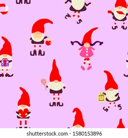 Winter christmas pattern with cute gnomes in red hats. Vector seamless texture for design.