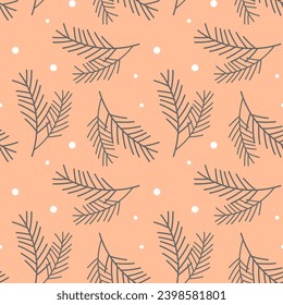 Winter christmas pattern with fir juniper branches on background color trend 2024 Peach fuzz 13-1023.