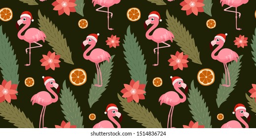 Winter christmas pattern with flamingo, orange, leaves and flowers. Vector seamless texture.