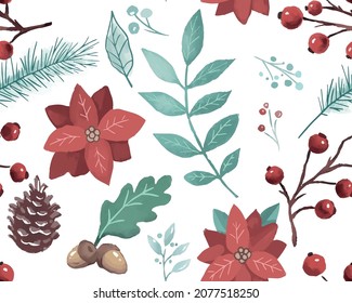 patrón de navidad de invierno con flores, bayas y ramas