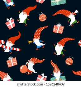 Winter christmas pattern with funny gnomes and gifts. Vector seamless texture.