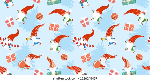 Winter christmas pattern with funny gnomes and gifts. Vector seamless texture.