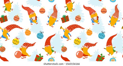 Winter christmas pattern with funny gnomes and gifts. Vector seamless texture.