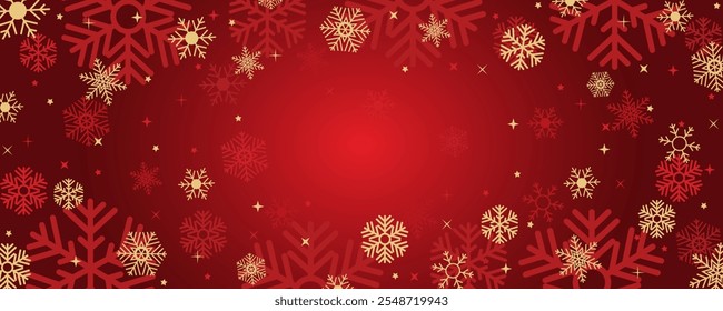 Winter Christmas pattern of golden snowflakes on red background. Snow and stars design for New Year cover, banner, greeting card, vector illustration.