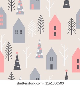 Winter Christmas pattern with houses and trees. Vector seamless pattern 