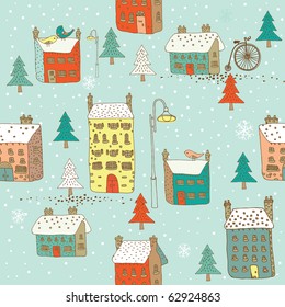 Winter Christmas pattern with houses and trees