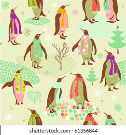Winter Christmas pattern with penguins