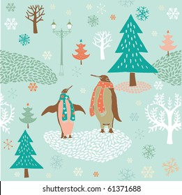 Winter Christmas pattern with penguins