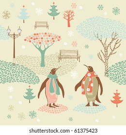 Winter Christmas pattern with penguins